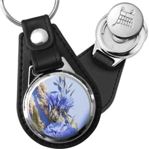 Porte-clé cuir avec médaillon fleur Bleuet