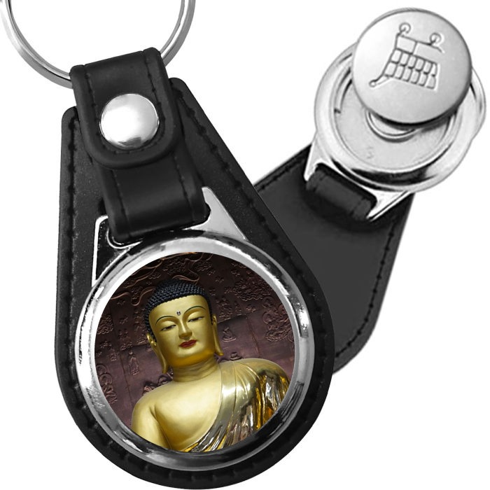 Porte-clé cuir médaillon zen Bouddha Doré