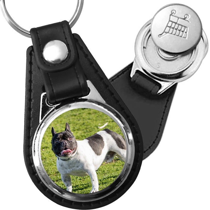 Porte-clé cuir avec médaillon chien Bouledogue Français