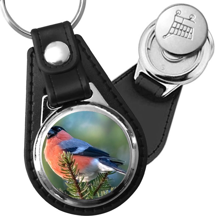 Porte-clé cuir avec médaillon oiseau Bouvreuil