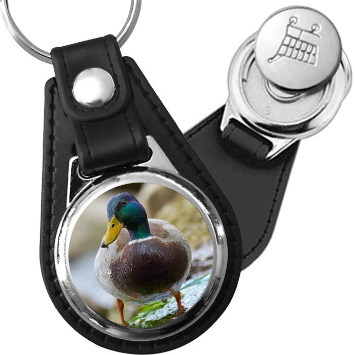 Porte-clé cuir avec médaillon oiseau Canard Colvert