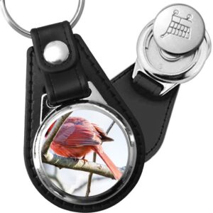 Porte-clé cuir avec médaillon oiseau Cardinal Rouge