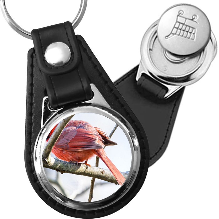 Porte-clé cuir avec médaillon oiseau Cardinal Rouge