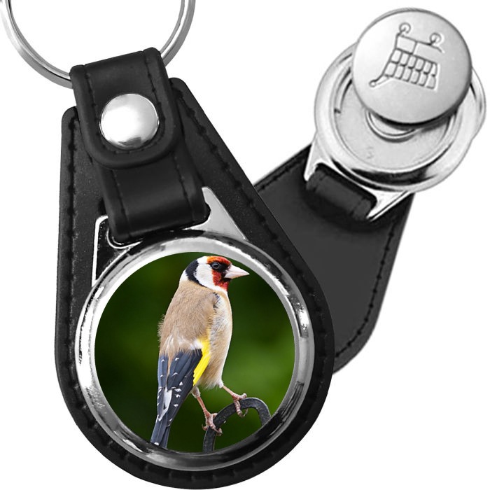 Porte-clé cuir avec médaillon oiseau Chardonneret