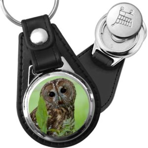Porte-clé cuir avec médaillon oiseau Chouette Hulotte