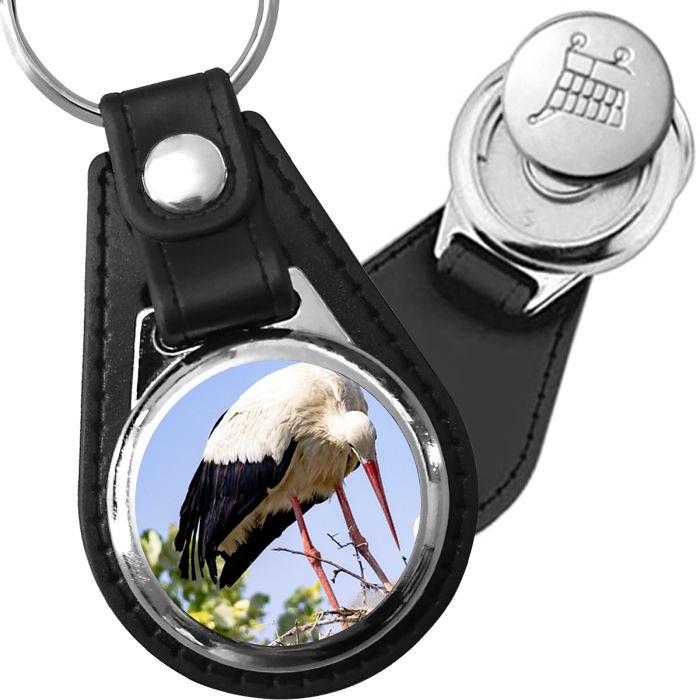 Porte-clé cuir avec médaillon oiseau Cigogne