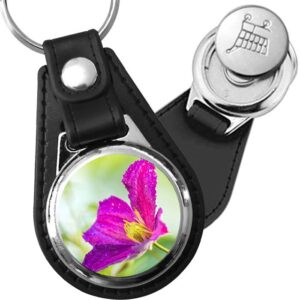 Porte-clé cuir avec médaillon fleur Clématite