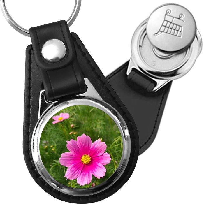 Porte-clé cuir avec médaillon fleur Cosmos