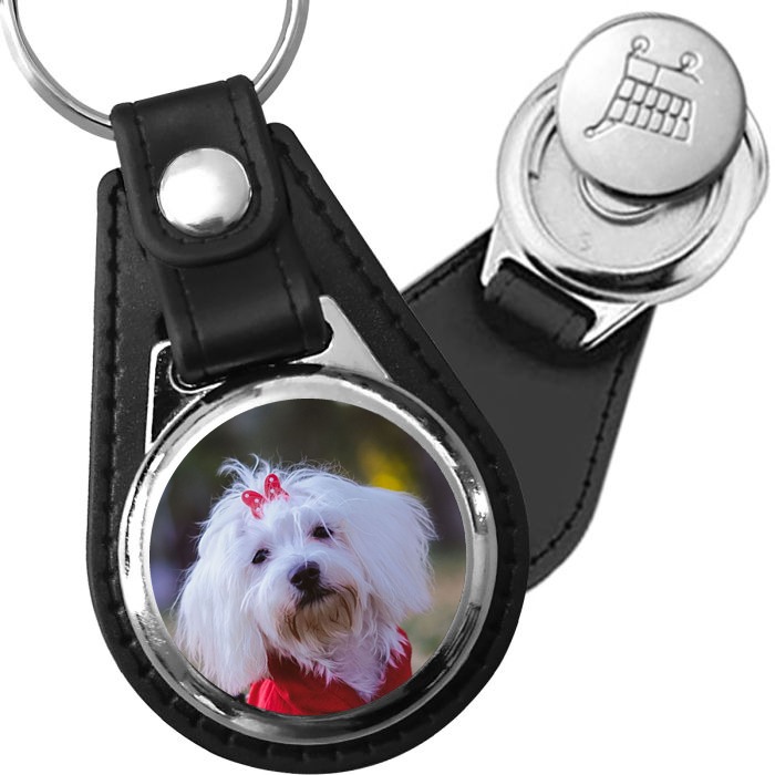 Porte-clé cuir avec médaillon chien Coton de Tuléar