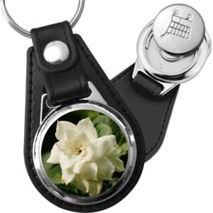 Porte-clé cuir avec médaillon fleur Gardénia