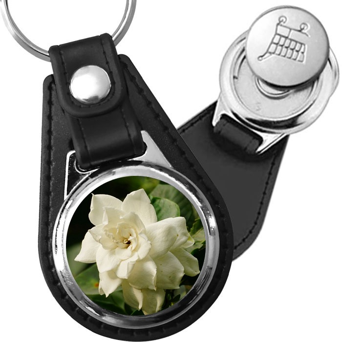 Porte-clé cuir avec médaillon fleur Gardénia