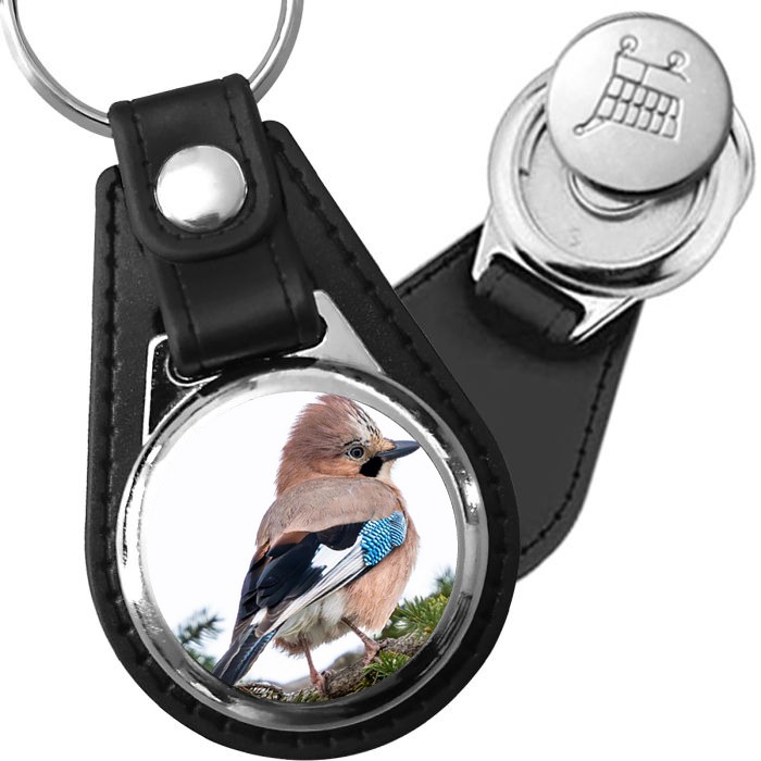 Porte-clé cuir avec médaillon oiseau Geai