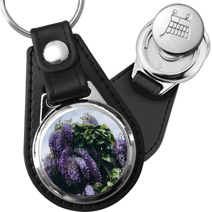 Porte-clé cuir avec médaillon fleur Glycine