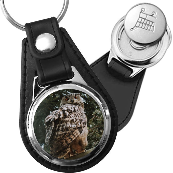 Porte-clé cuir avec médaillon oiseau Grand-Duc