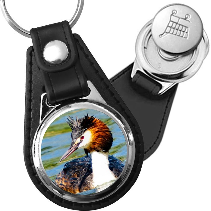 Porte-clé cuir avec médaillon oiseau Grèbe