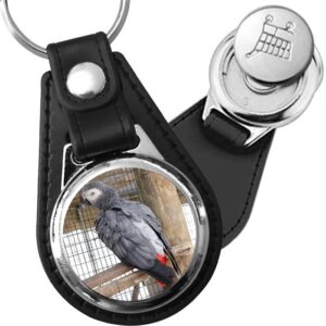 Porte-clé cuir avec médaillon oiseau Gris du Gabon