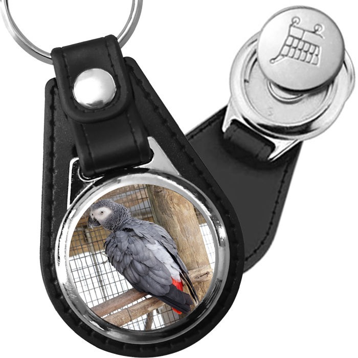 Porte-clé cuir avec médaillon oiseau Gris du Gabon