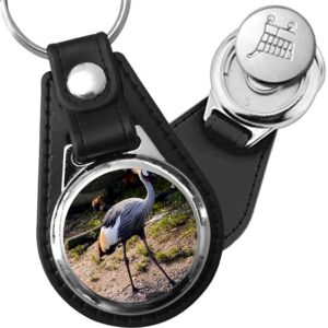 Porte-clé cuir avec médaillon oiseau Grue Cendrée