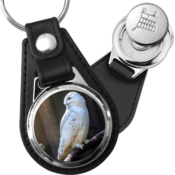 Porte-clé cuir avec médaillon oiseau Harfang des Neiges