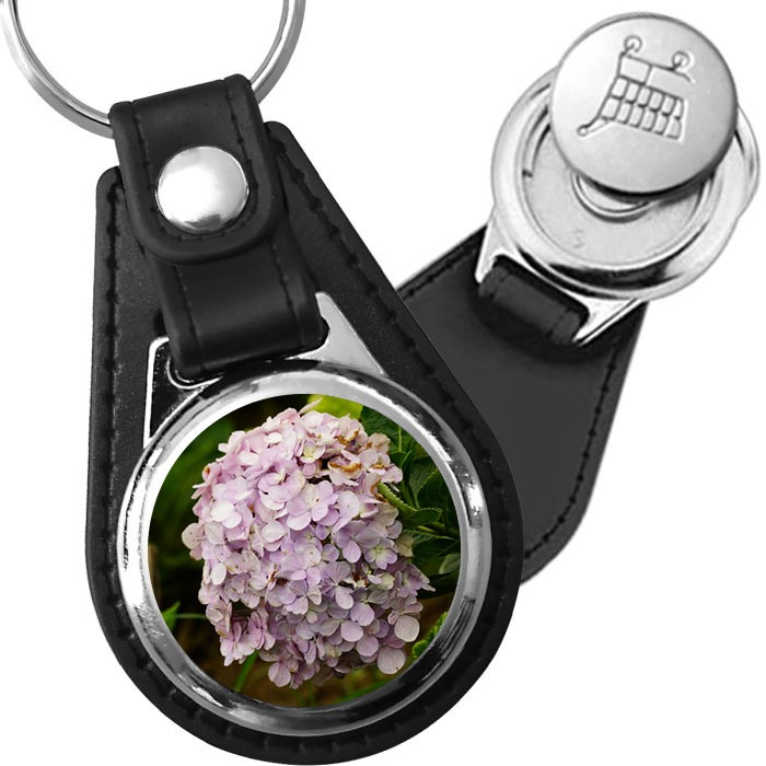 Porte-clé cuir avec médaillon fleur Hortensia