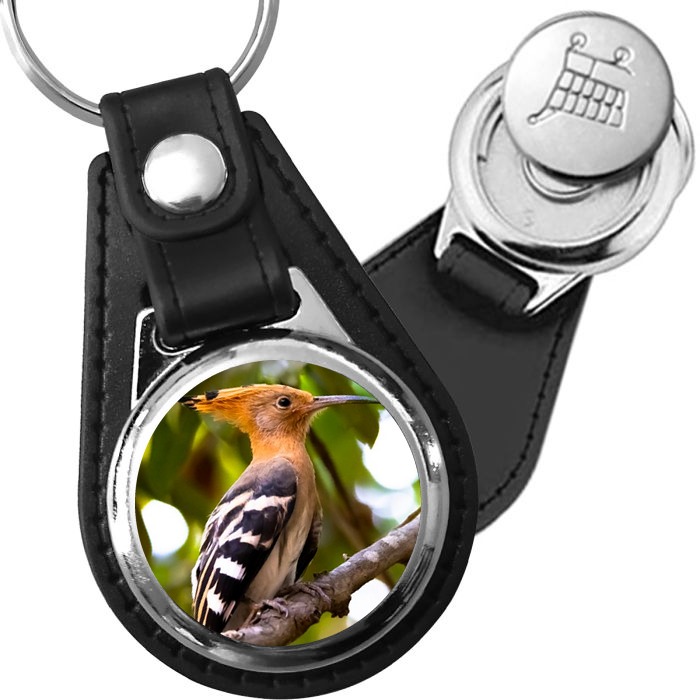 Porte-clé cuir avec médaillon oiseau Huppe Fasciée