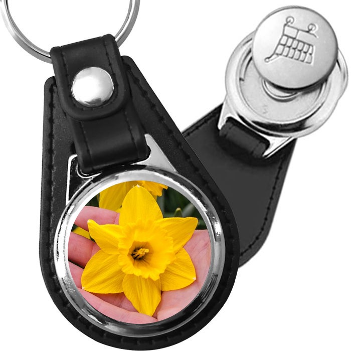 Porte-clé cuir avec médaillon fleur Jonquille