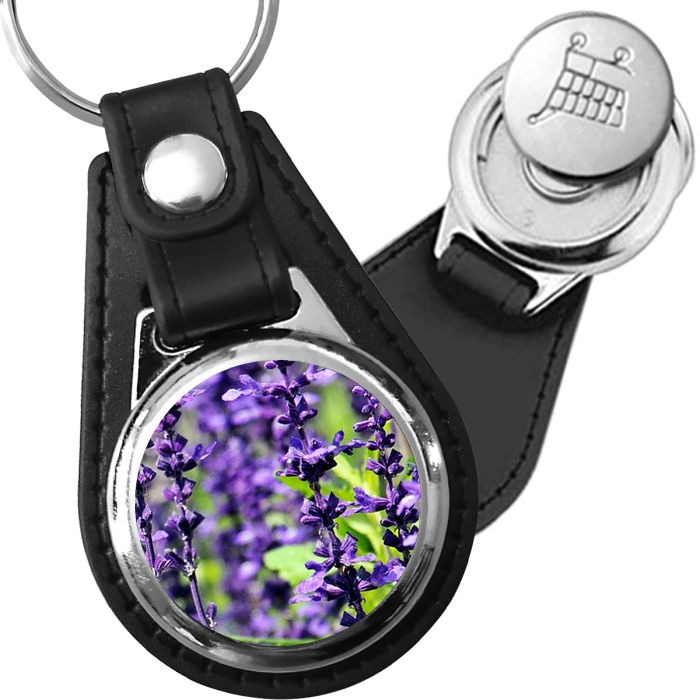 Porte-clé cuir avec médaillon fleur Lavande