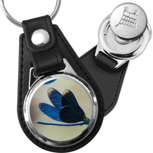 Porte-clé cuir avec médaillon insecte Libellule Bleue