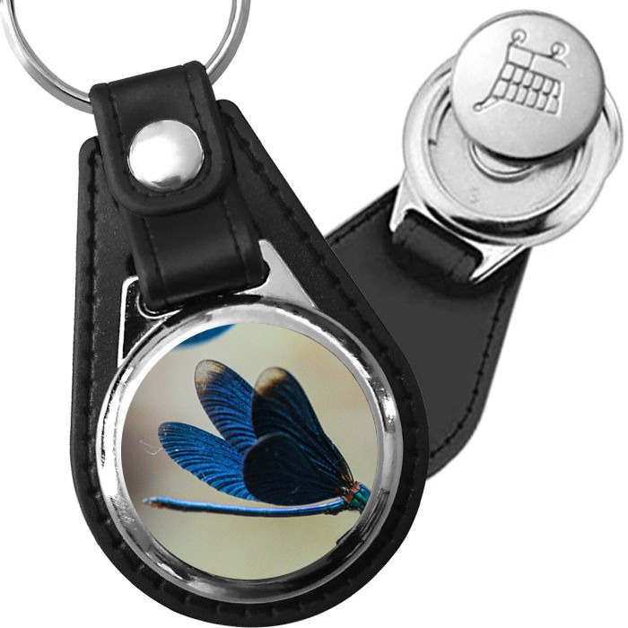 Porte-clé cuir avec médaillon insecte Libellule Bleue