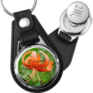 Porte-clé cuir avec médaillon fleur Lis Tigré
