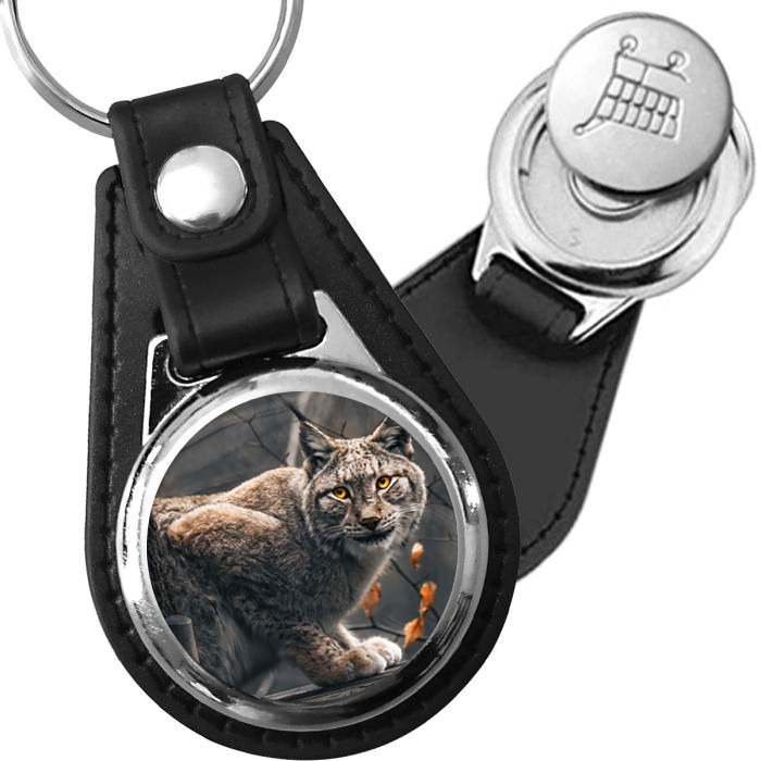 Porte-clé cuir avec médaillon mammifère Lynx