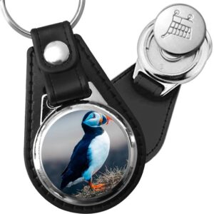 Porte-clé cuir avec médaillon oiseau Macareux