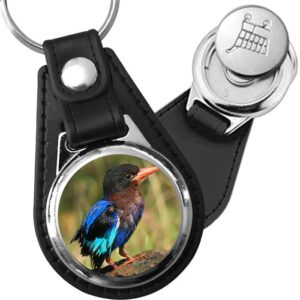 Porte-clé cuir avec médaillon oiseau Martin-pêcheur