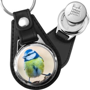 Porte-clé cuir avec médaillon oiseau Mésange Bleue