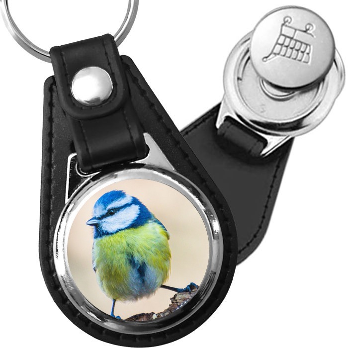 Porte-clé cuir avec médaillon oiseau Mésange Bleue