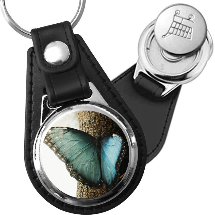 Porte-clé cuir avec médaillon insecte Morpho Bleu