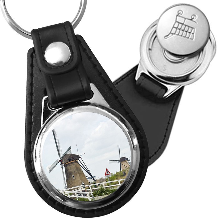 Porte-clé cuir avec médaillon monument Moulins de Kinderdijk