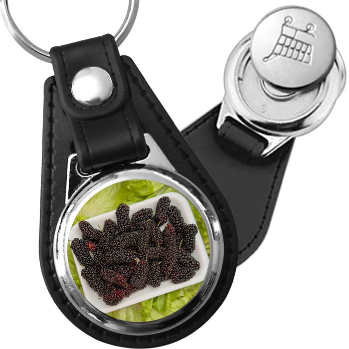 Porte-clé cuir avec médaillon fruit Mûre Blanche