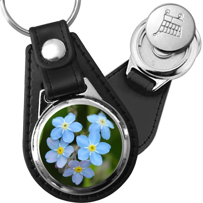Porte-clé cuir avec médaillon fleur Myosotis
