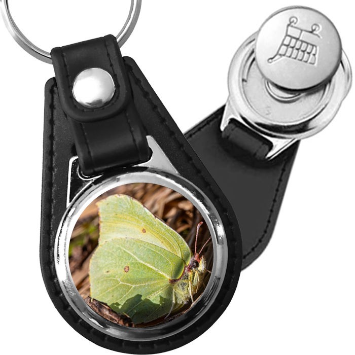 Porte-clé cuir avec médaillon insecte Papillon Citron