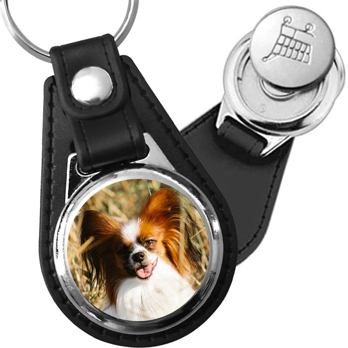 Porte-clé cuir avec médaillon chien Papillon
