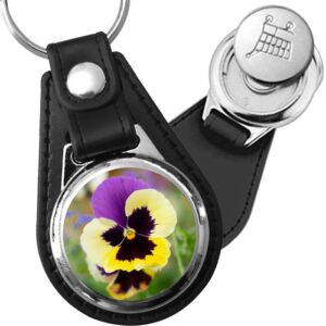 Porte-clé cuir avec médaillon fleur Pensée