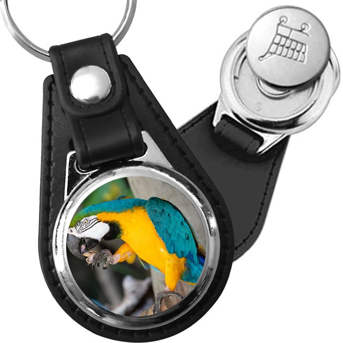 Porte-clé cuir avec médaillon oiseau Perroquet Ara