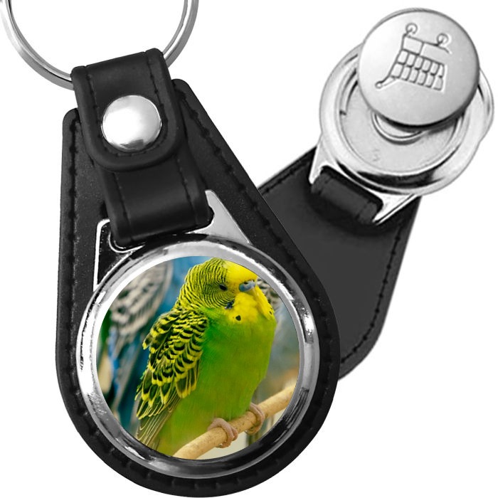Porte-clé cuir avec médaillon oiseau Perruche Ondulée