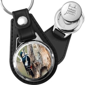 Porte-clé cuir avec médaillon oiseau Pic Épeiche