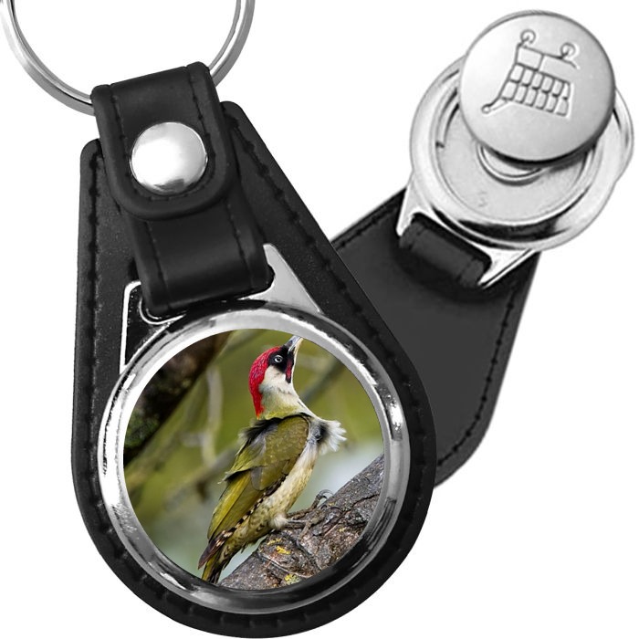 Porte-clé cuir avec médaillon oiseau Pic Vert