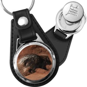 Porte-clé cuir avec médaillon mammifère Porc-épic