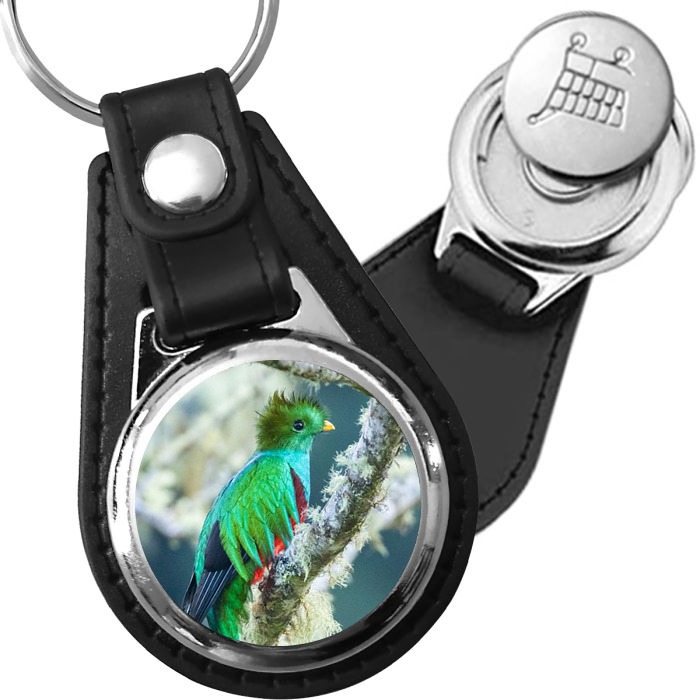 Porte-clé cuir avec médaillon oiseau Quetzal