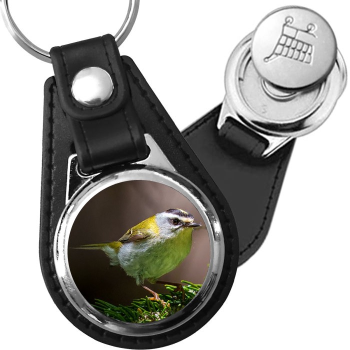 Porte-clé cuir avec médaillon oiseau Roitelet