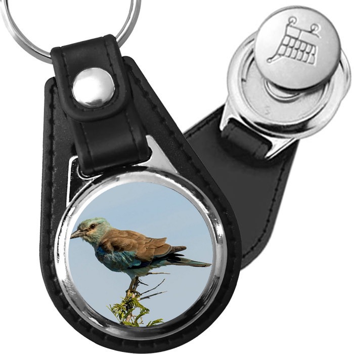 Porte-clé cuir avec médaillon oiseau Rollier